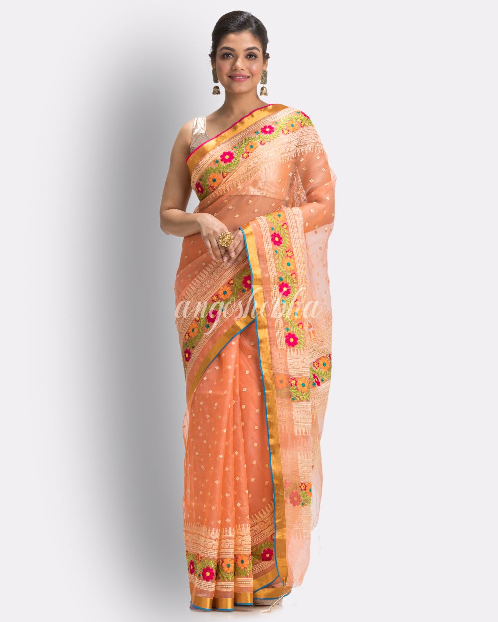 Dark Peach  Art Silk Muslin Handloom Embroidery Saree angoshobha