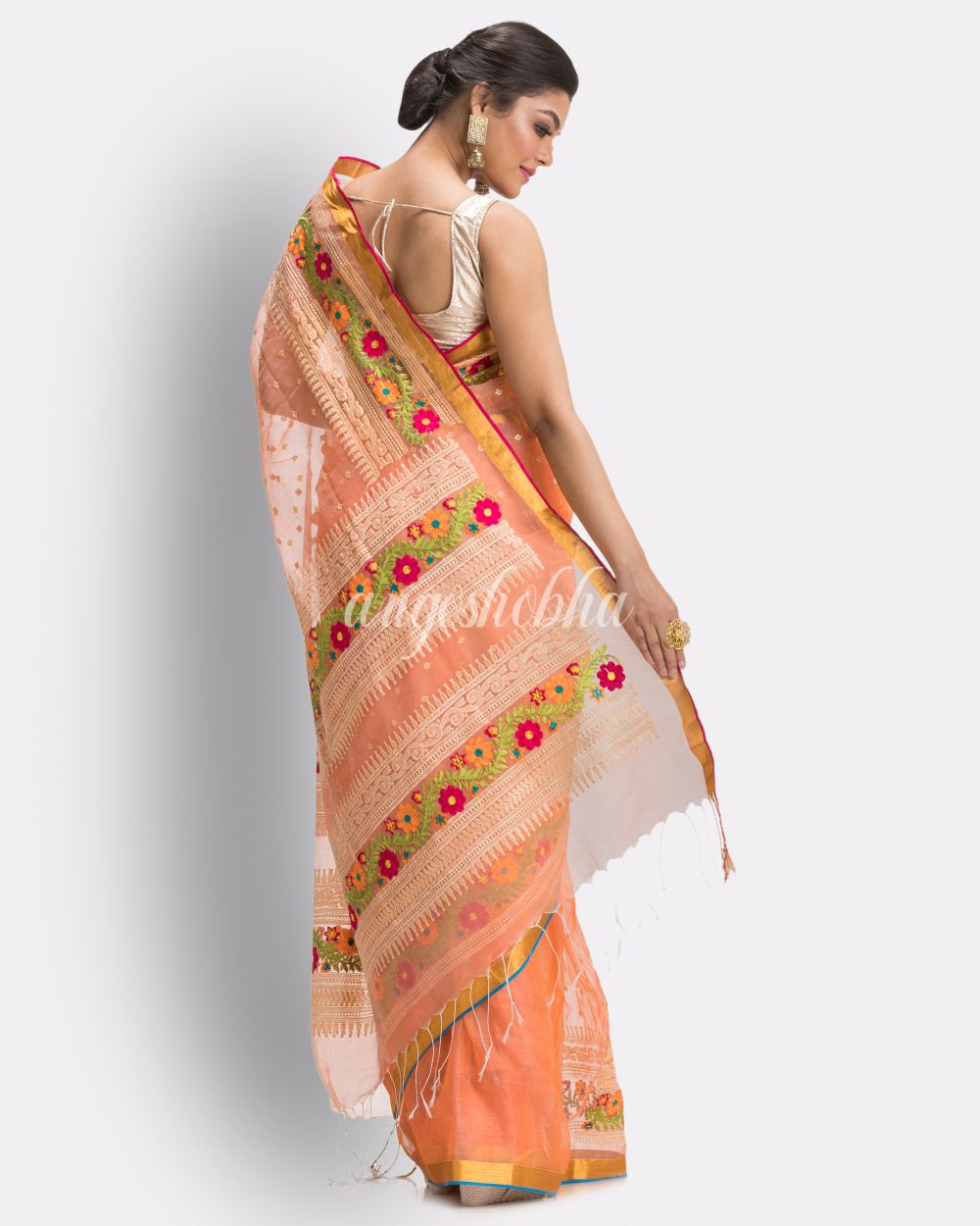 Dark Peach  Art Silk Muslin Handloom Embroidery Saree angoshobha