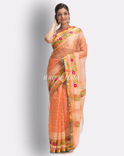 Dark Peach  Art Silk Muslin Handloom Embroidery Saree angoshobha