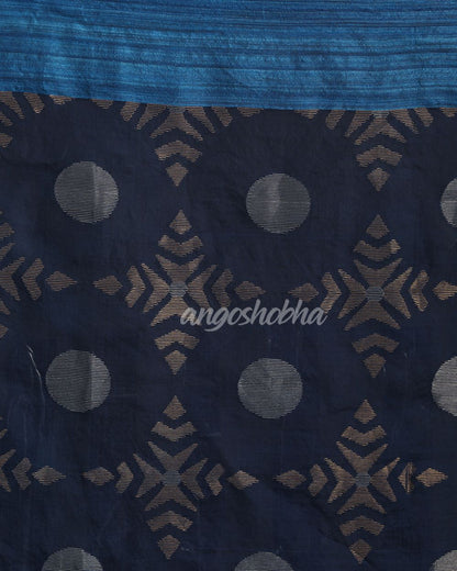 Dark Sky Blue Matka Silk Handloom Traditional Jamdani Saree angoshobha