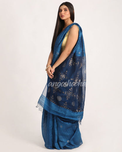 Dark Sky Blue Matka Silk Handloom Traditional Jamdani Saree angoshobha