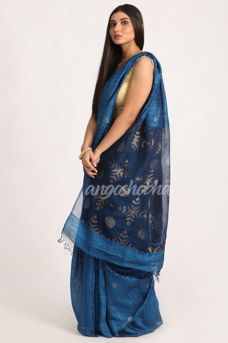 Dark Sky Blue Matka Silk Handloom Traditional Jamdani Saree