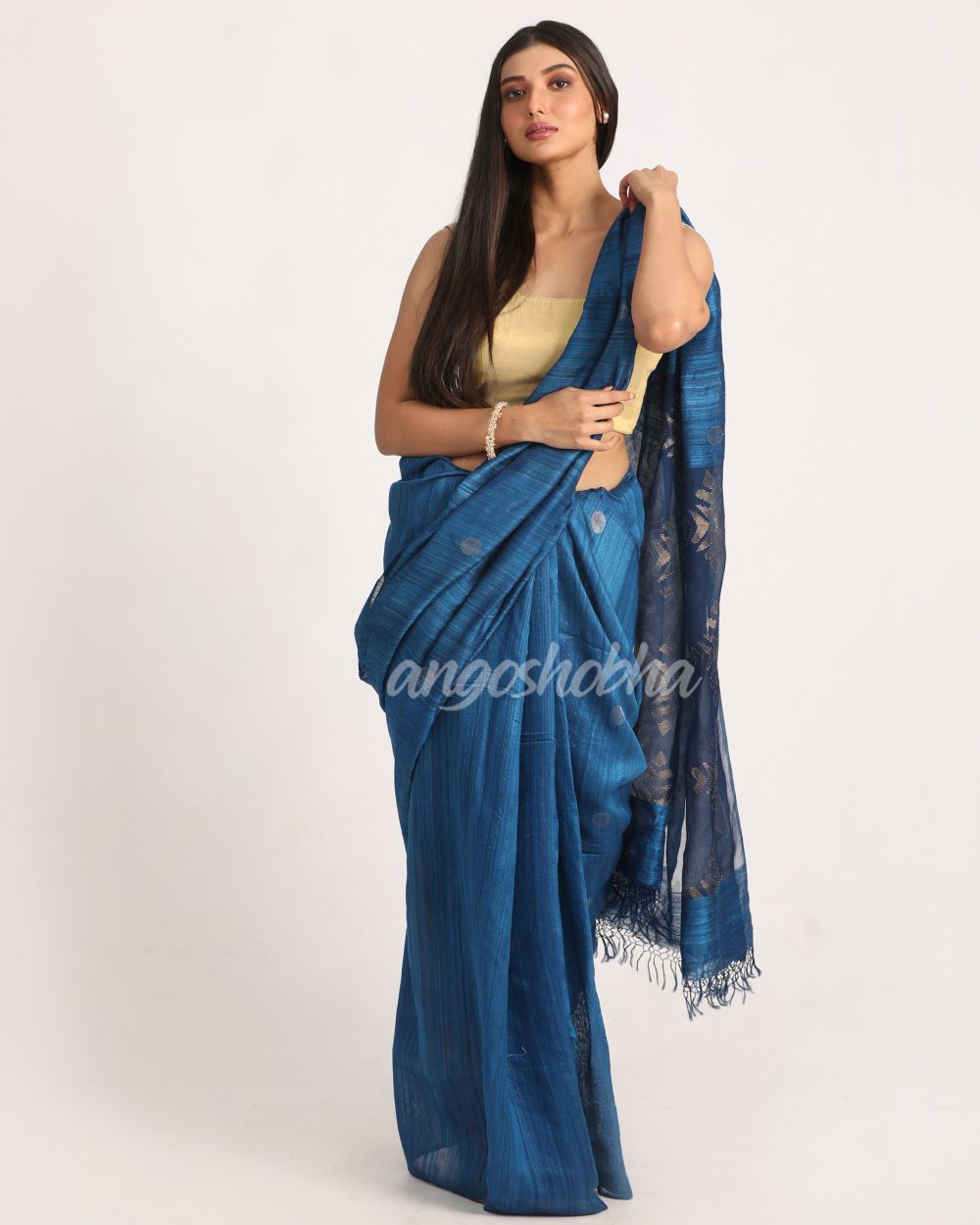 Dark Sky Blue Matka Silk Handloom Traditional Jamdani Saree angoshobha