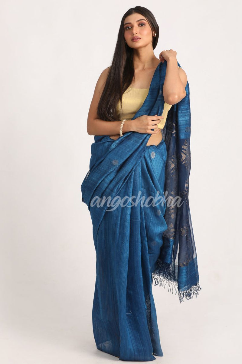 Dark Sky Blue Matka Silk Handloom Traditional Jamdani Saree