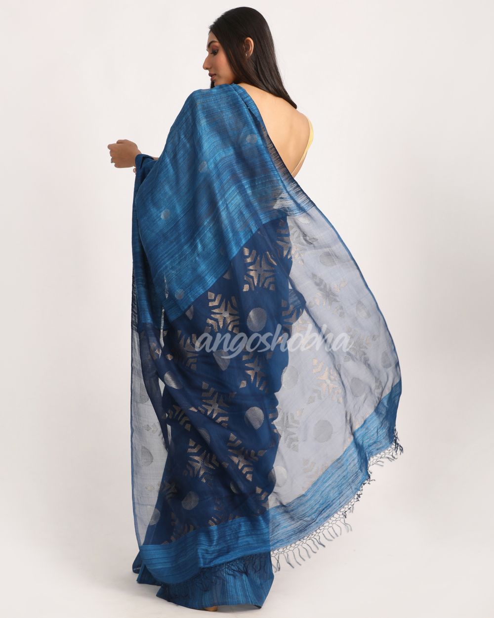 Dark Sky Blue Matka Silk Handloom Traditional Jamdani Saree angoshobha