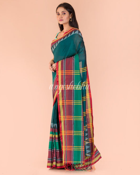 Dark Teal Cotton Begampuri Saree angoshobha