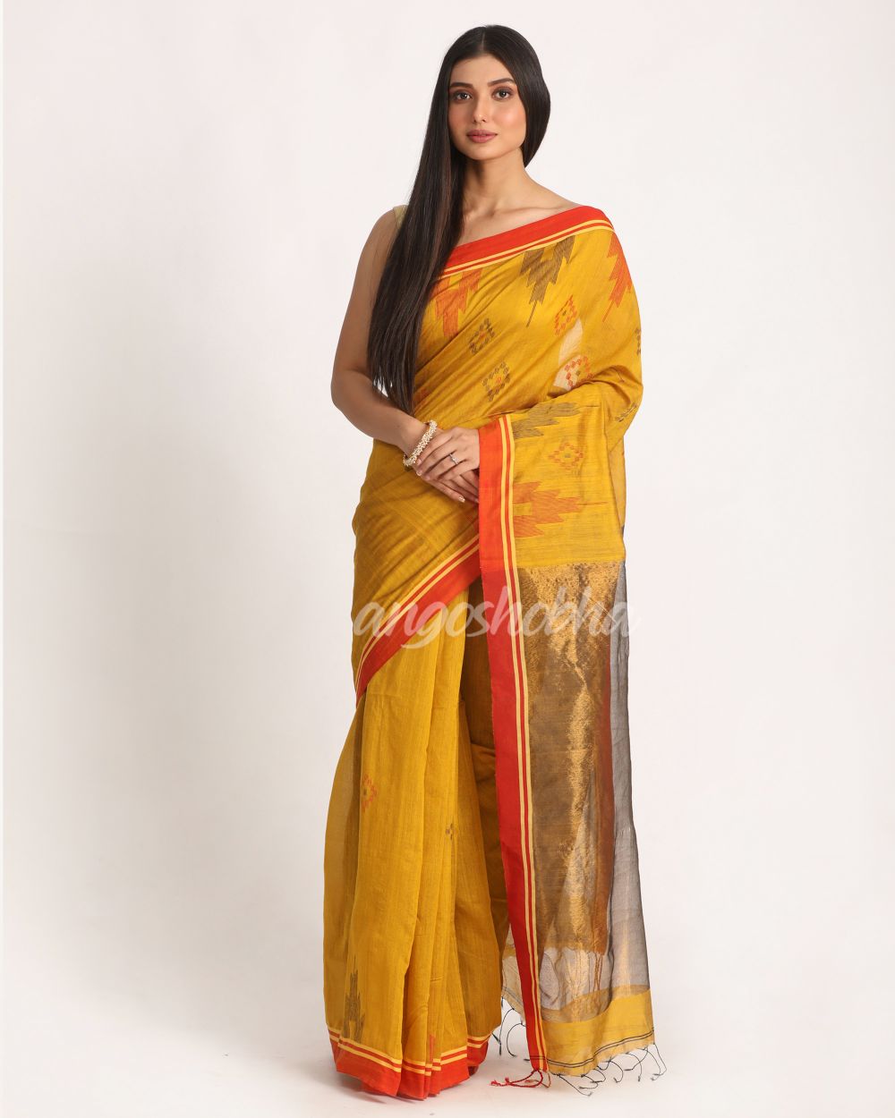 Dark Yellow Cotton Blend Handloom Jamdani Saree angoshobha