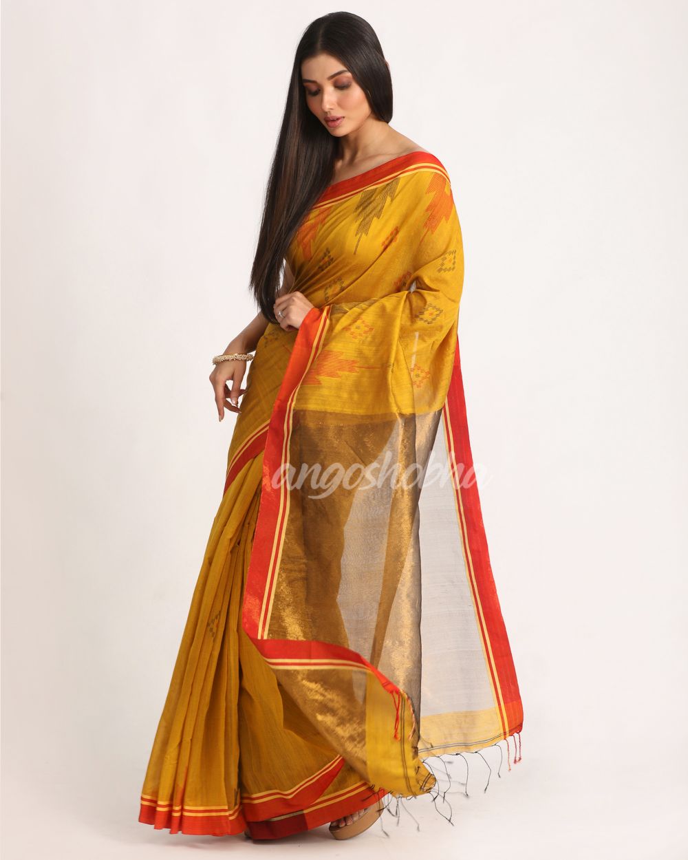Dark Yellow Cotton Blend Handloom Jamdani Saree angoshobha