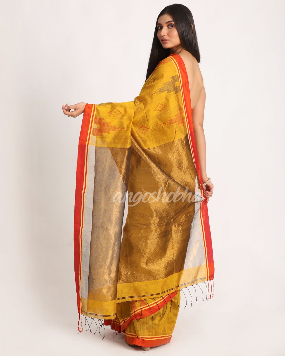Dark Yellow Cotton Blend Handloom Jamdani Saree angoshobha