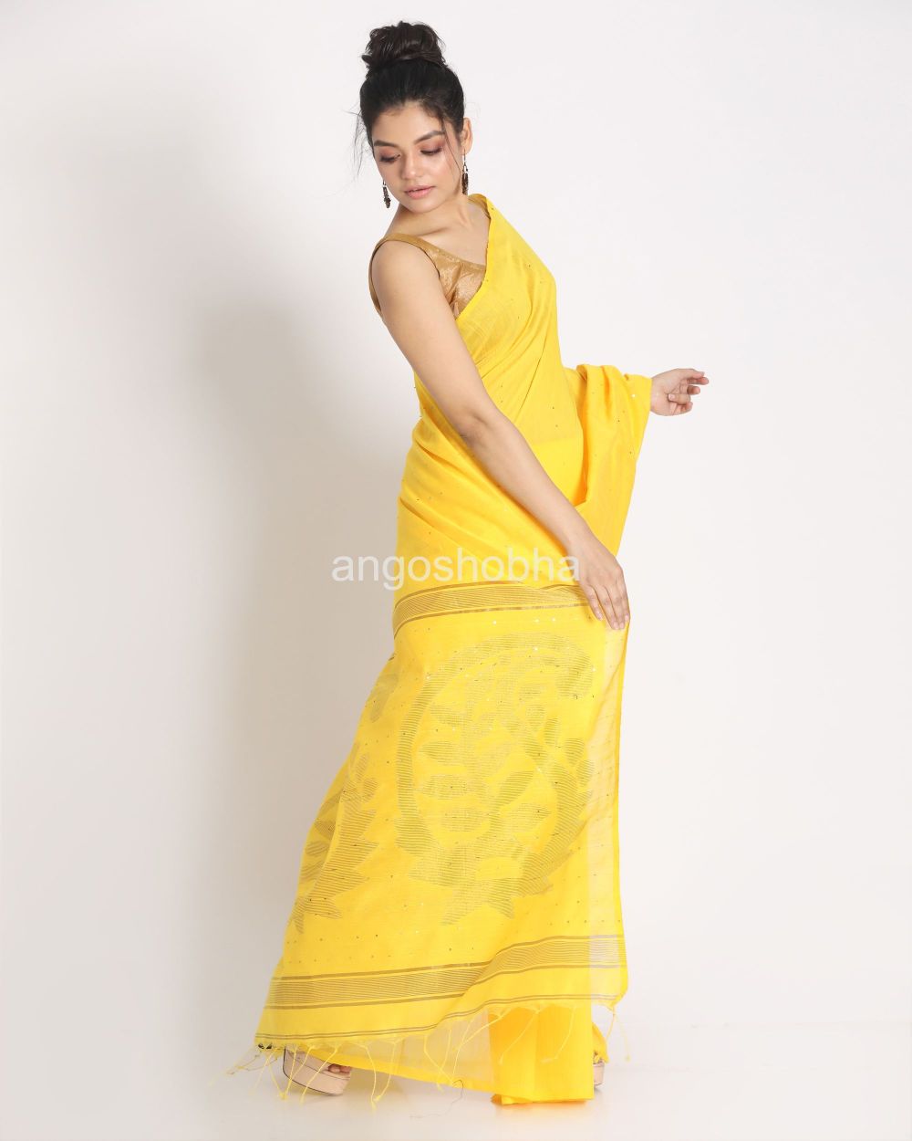 Dark Yellow Sequins Handloom Cotton Blend Saree angoshobha