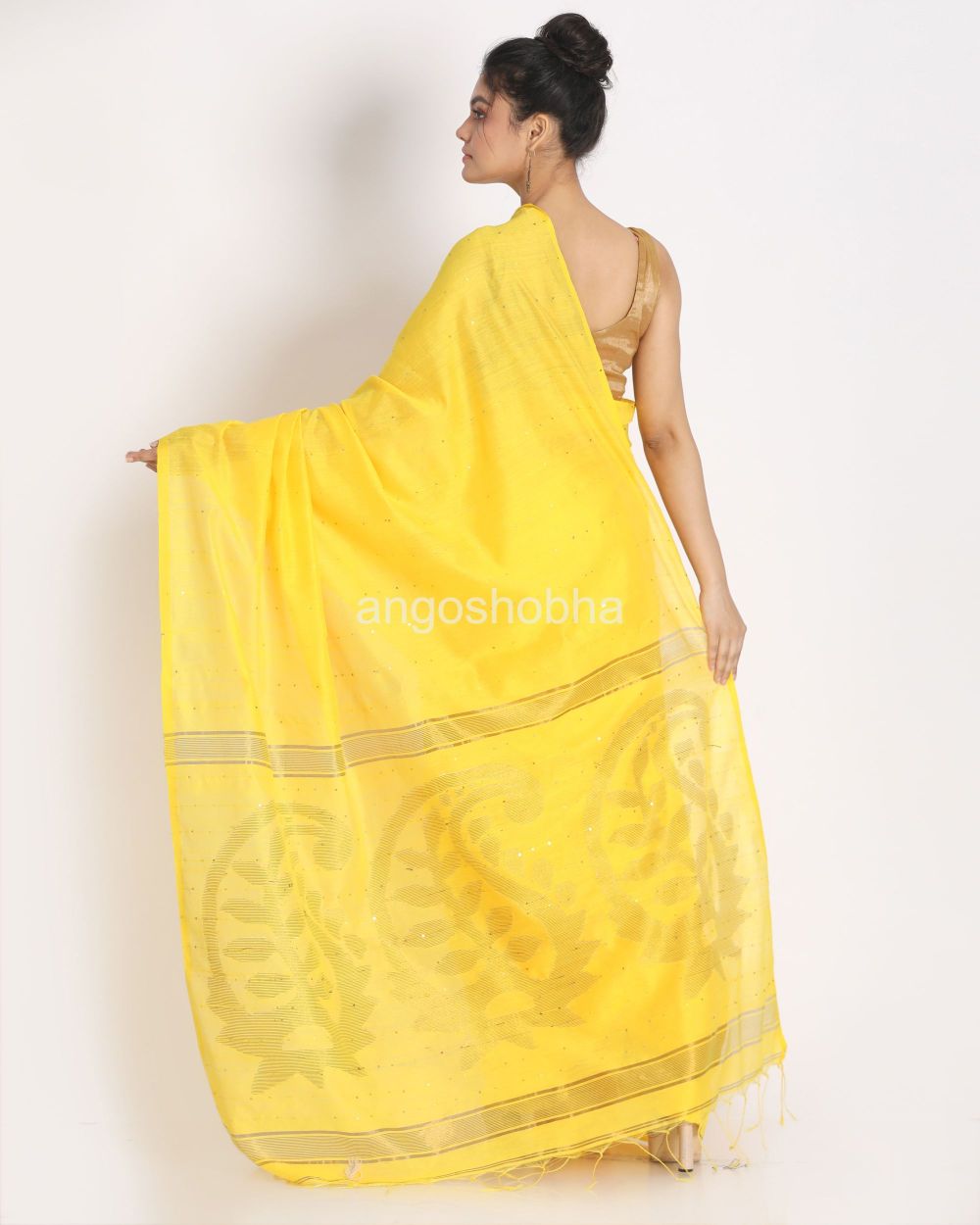 Dark Yellow Sequins Handloom Cotton Blend Saree angoshobha
