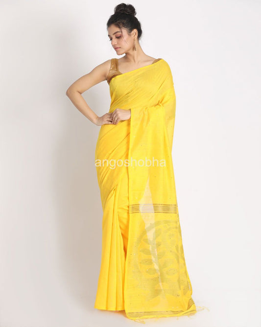 Dark Yellow Sequins Handloom Cotton Blend Saree angoshobha