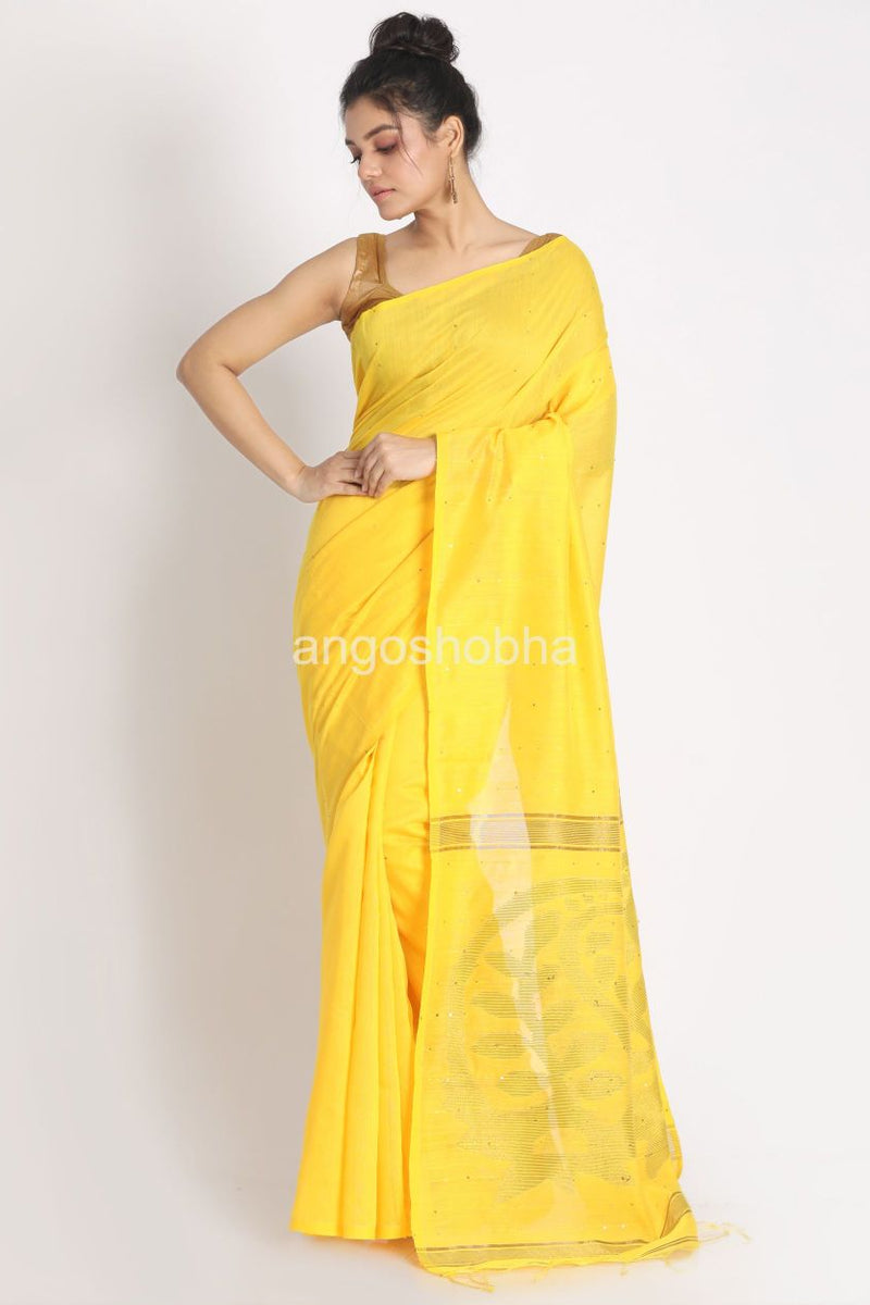 Dark Yellow Sequins Handloom Cotton Blend Saree