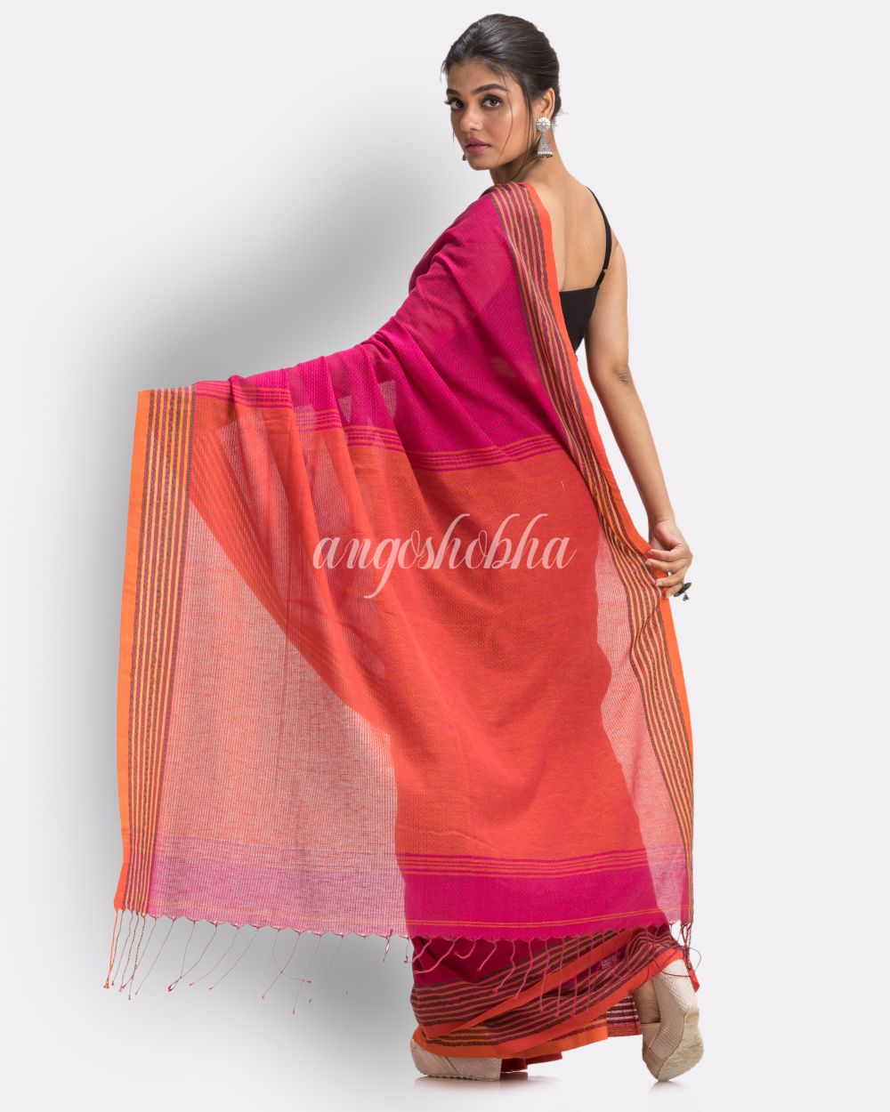 Dark pink Handloom Cotton saree angoshobha