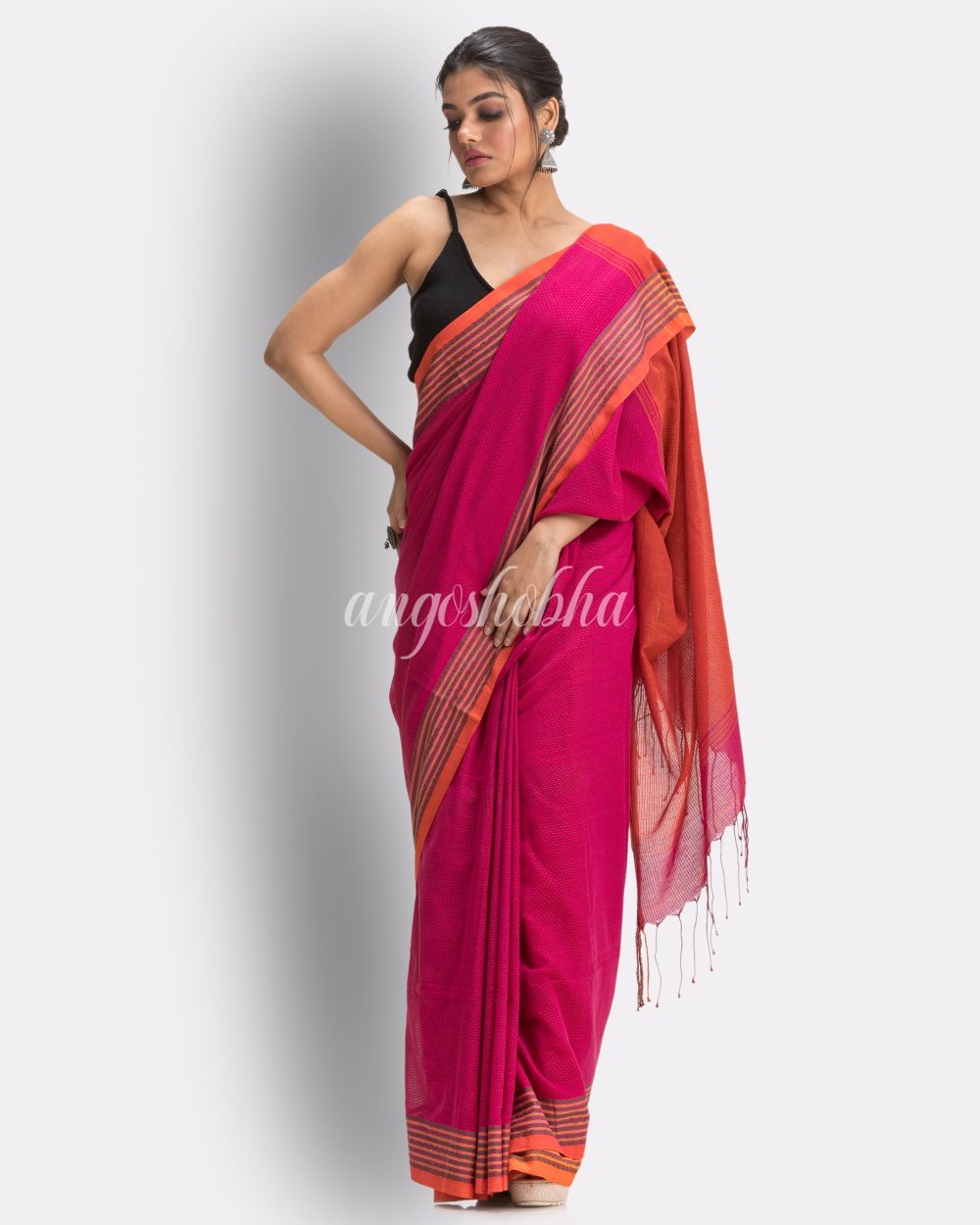 Dark pink Handloom Cotton saree angoshobha