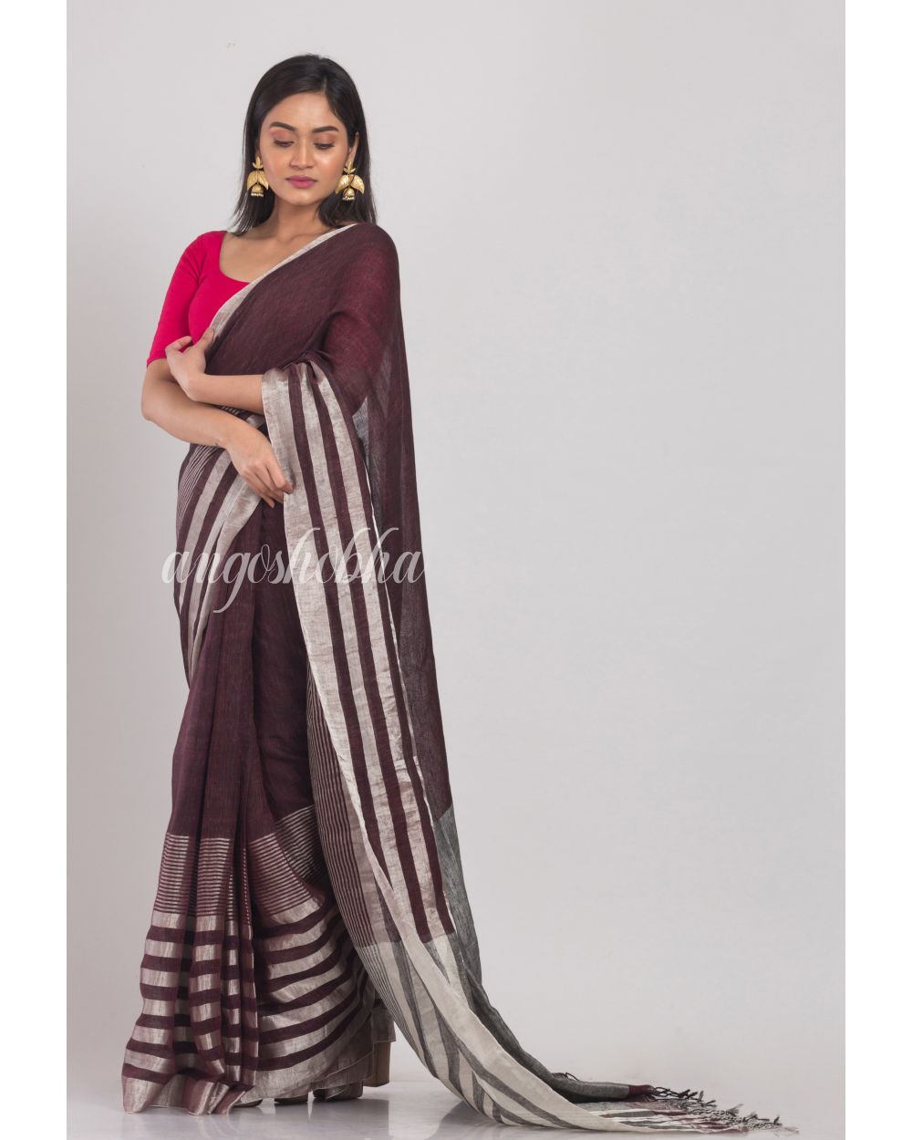 Deep Coffee Handloom Linen Saree angoshobha