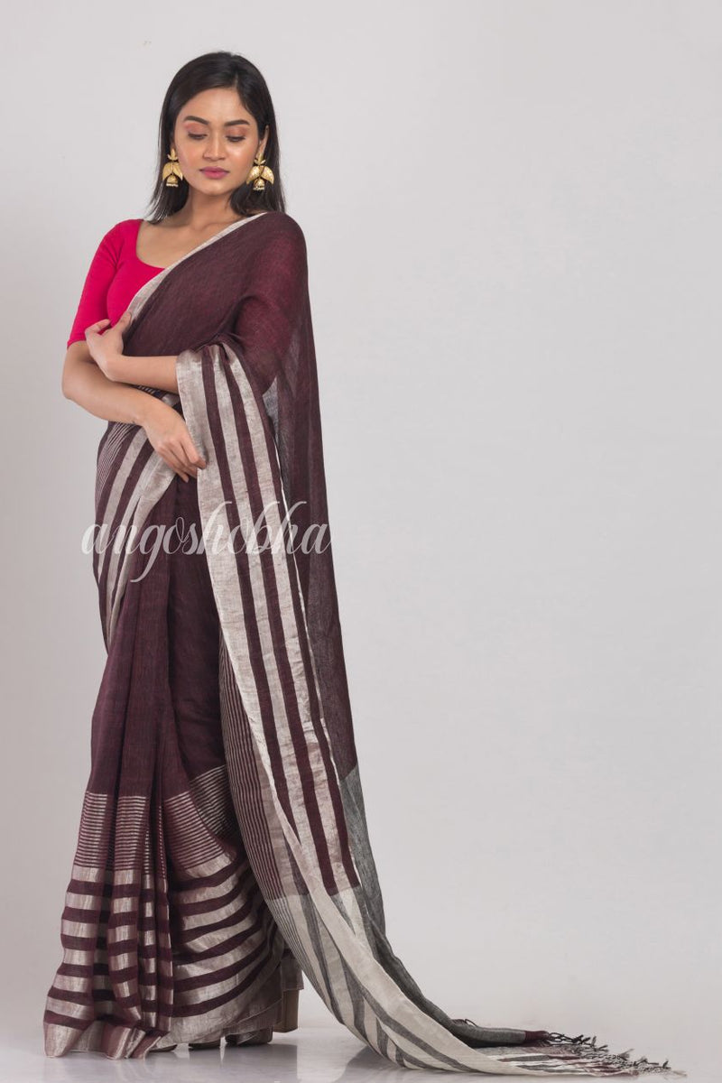 Deep Coffee Handloom Linen Saree