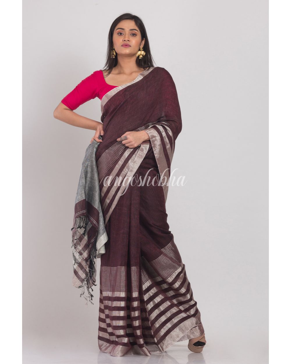 Deep Coffee Handloom Linen Saree angoshobha