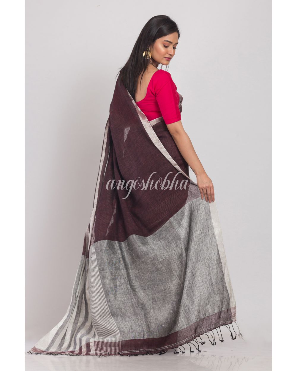 Deep Coffee Handloom Linen Saree angoshobha