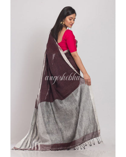 Deep Coffee Handloom Linen Saree angoshobha