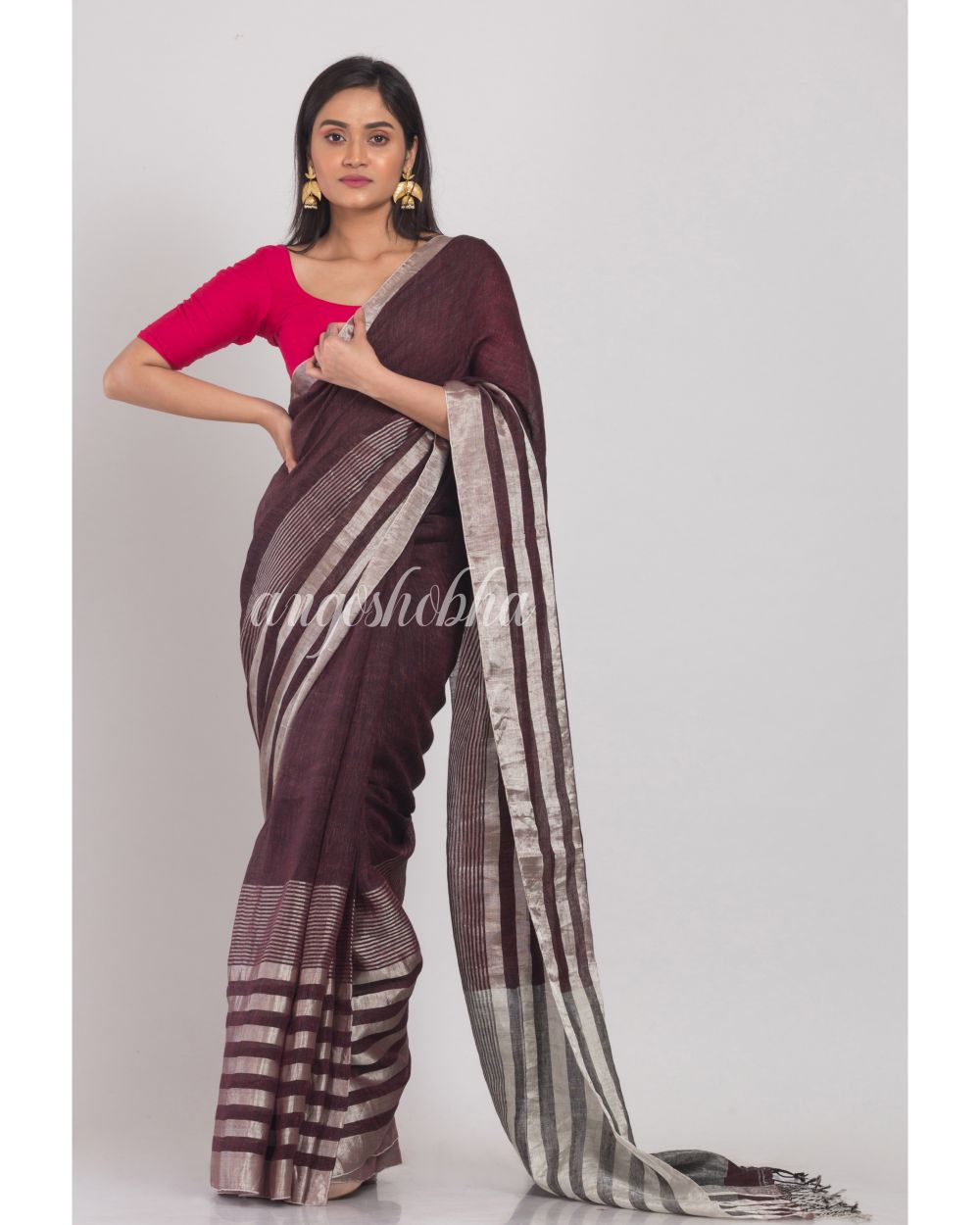 Deep Coffee Handloom Linen Saree angoshobha