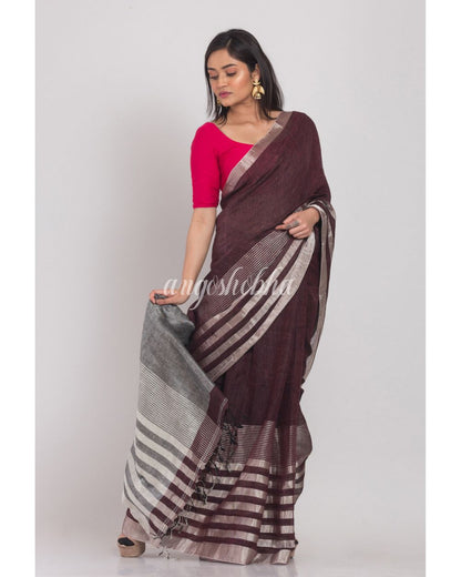 Deep Coffee Handloom Linen Saree angoshobha