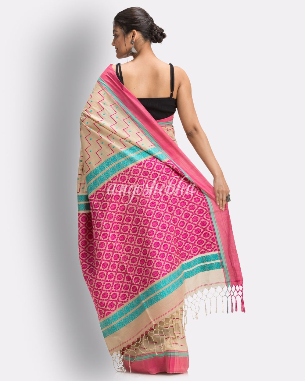Deep Cream Handloom Cotton saree angoshobha