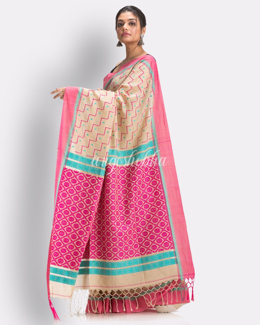 Deep Cream Handloom Cotton saree angoshobha