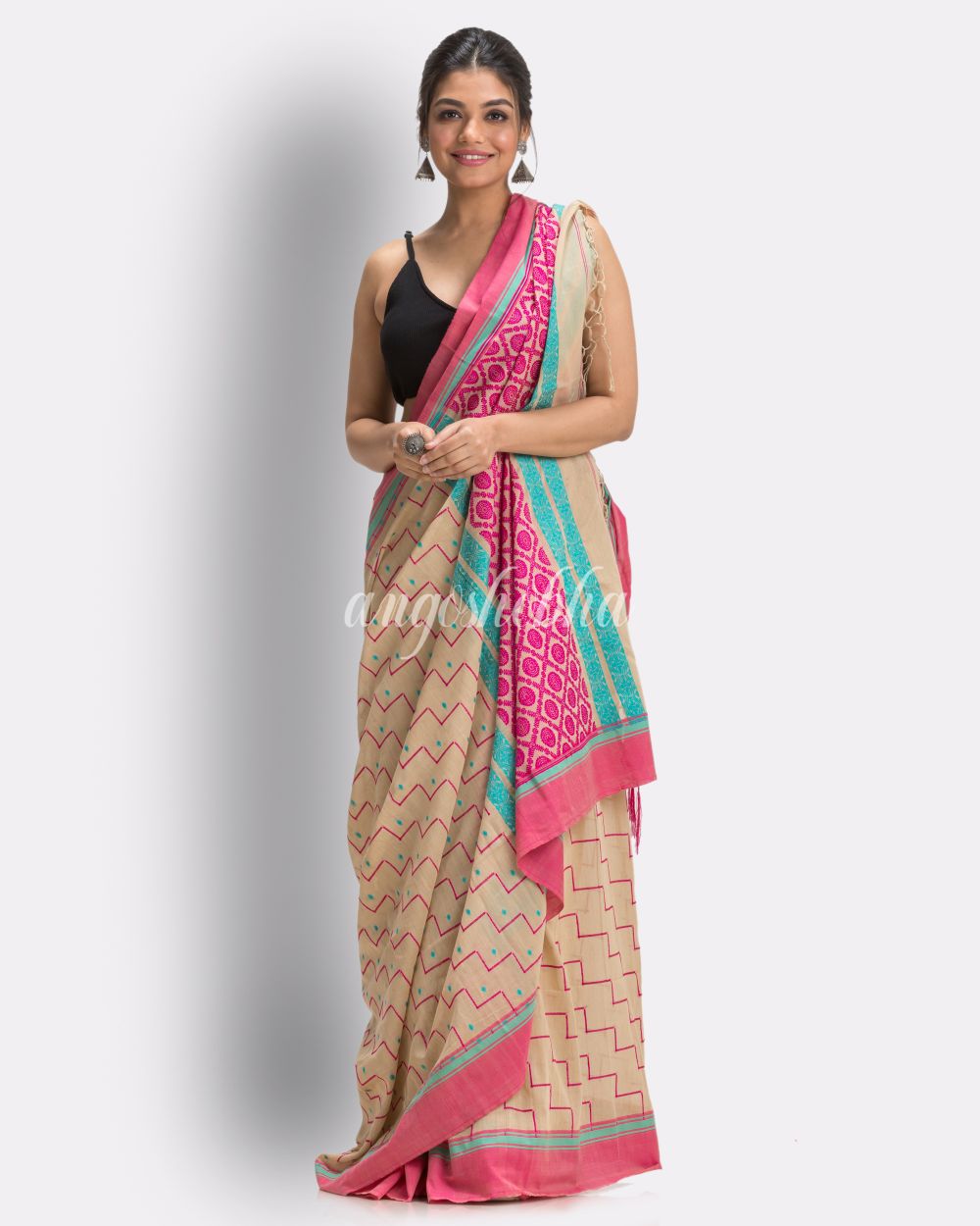 Deep Cream Handloom Cotton saree angoshobha