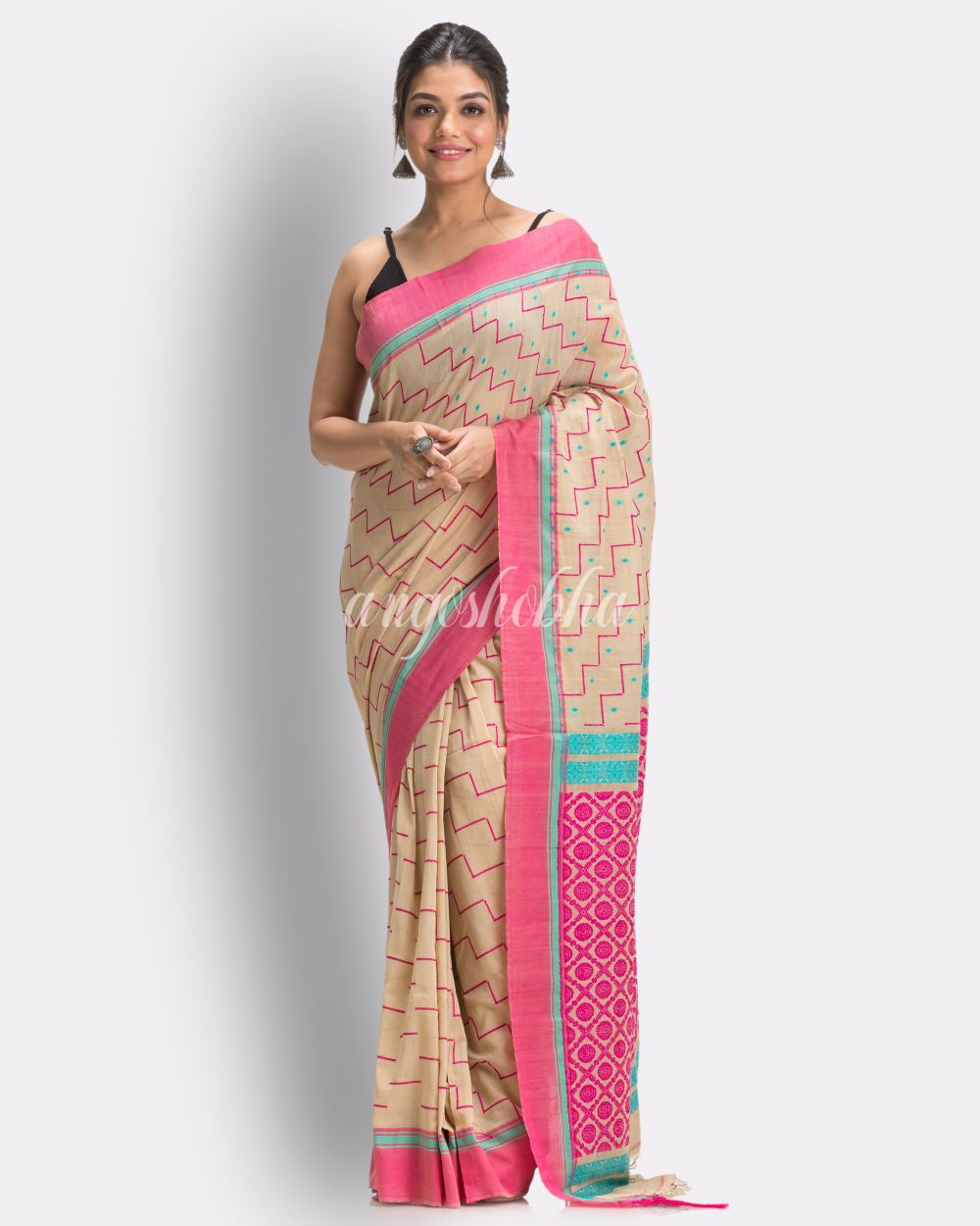 Deep Cream Handloom Cotton saree angoshobha