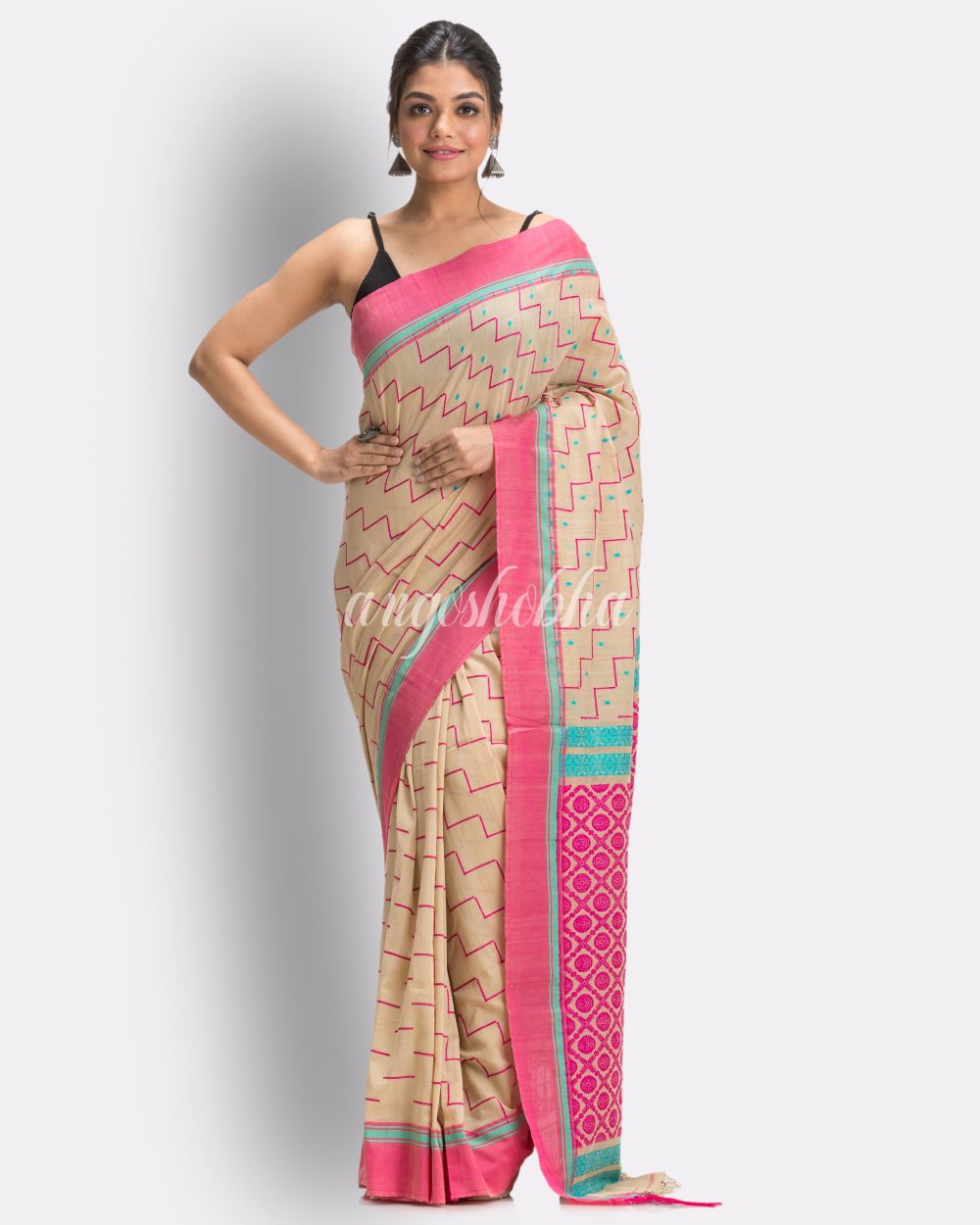 Deep Cream Handloom Cotton saree angoshobha