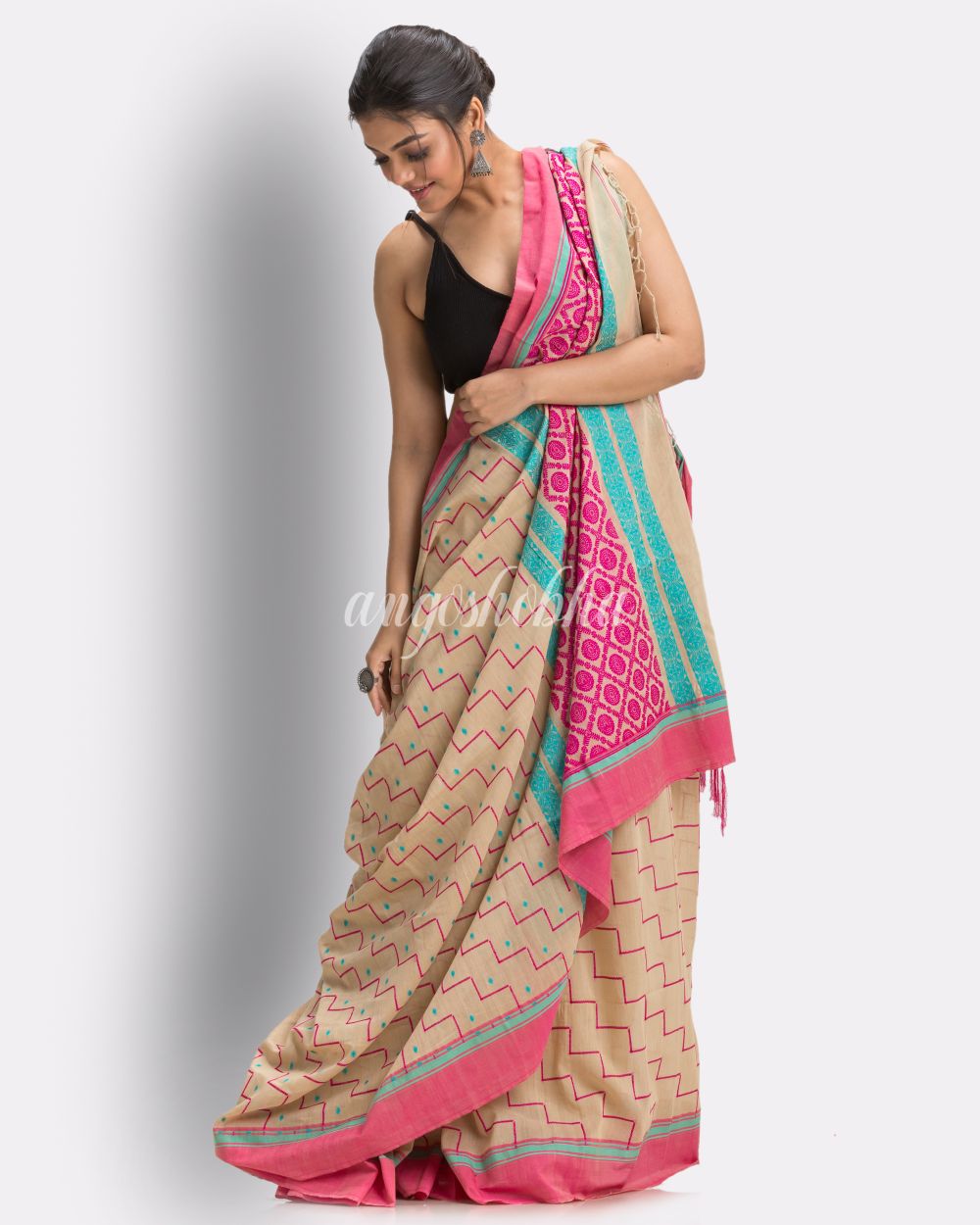 Deep Cream Handloom Cotton saree angoshobha