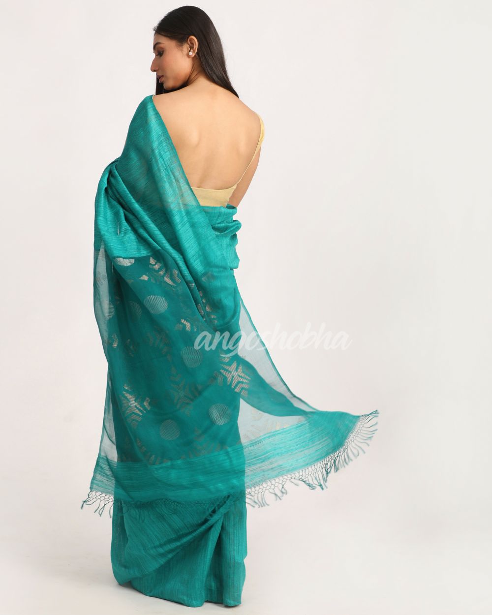 Deep Cyan Matka Silk Handloom Traditional Jamdani Saree angoshobha