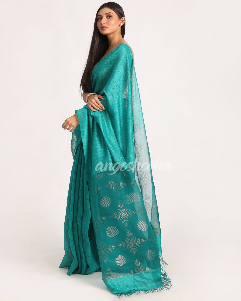 Deep Cyan Matka Silk Handloom Traditional Jamdani Saree angoshobha