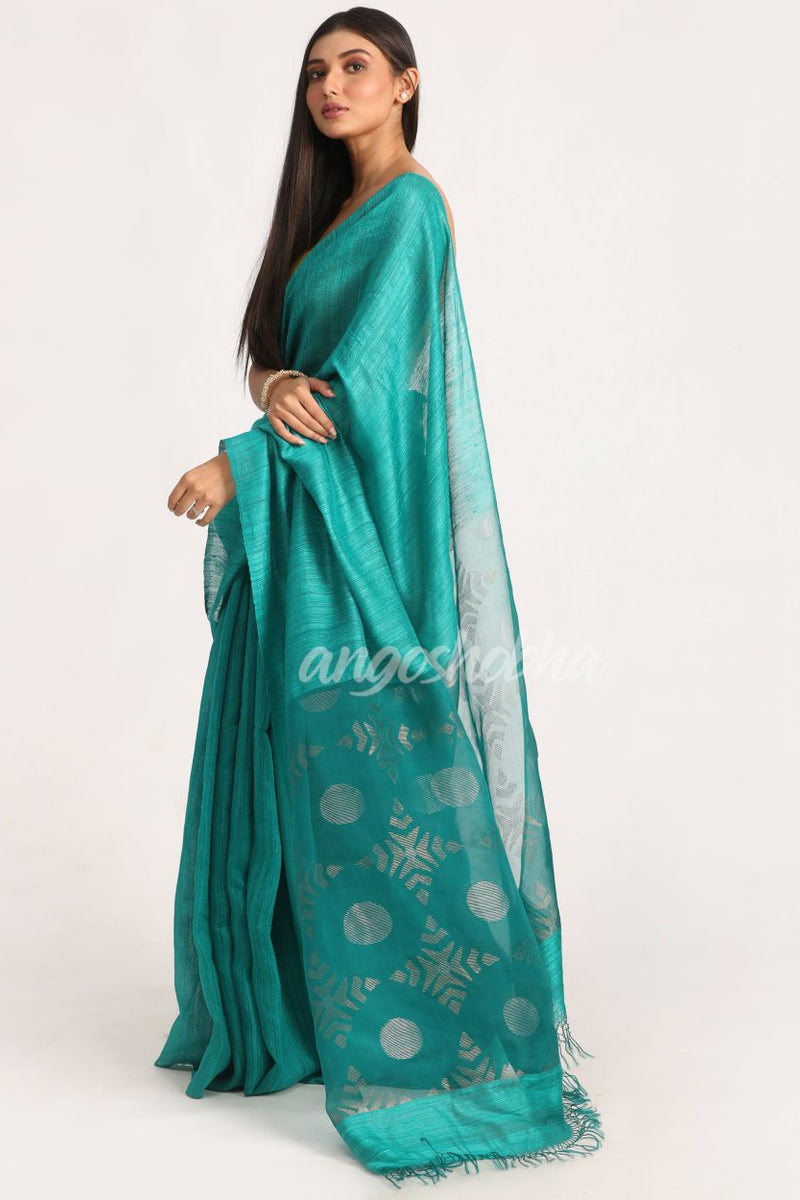 Deep Cyan Matka Silk Handloom Traditional Jamdani Saree