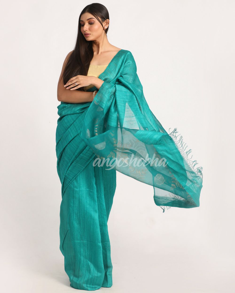 Deep Cyan Matka Silk Handloom Traditional Jamdani Saree angoshobha