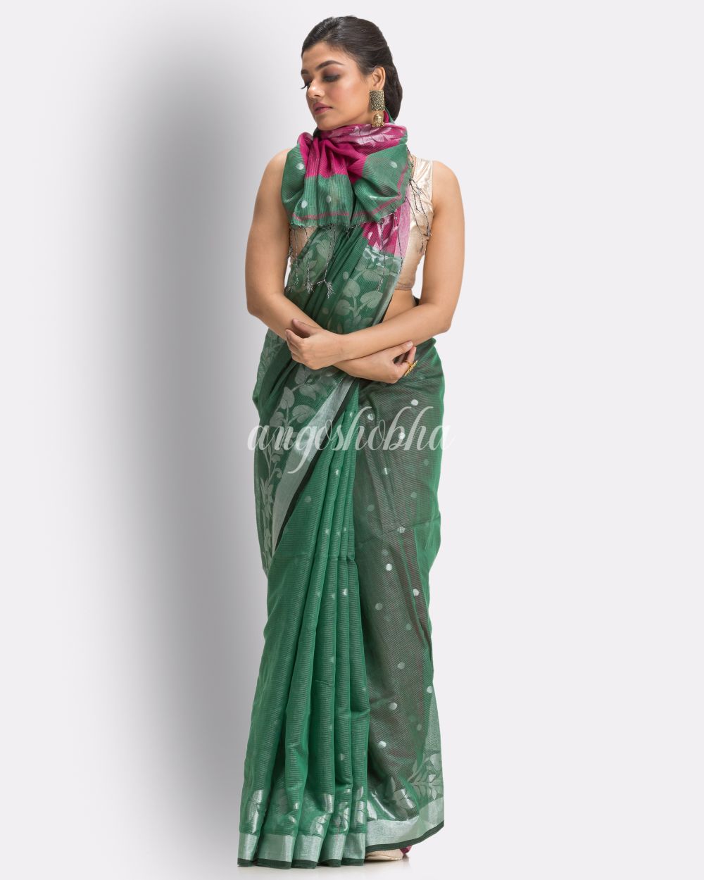 Deep Green Cotton Blend Handloom Tangail Saree angoshobha