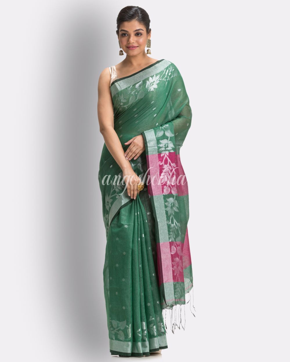 Deep Green Cotton Blend Handloom Tangail Saree angoshobha