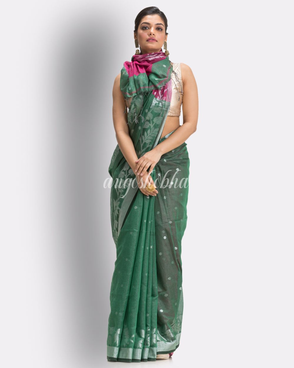 Deep Green Cotton Blend Handloom Tangail Saree angoshobha