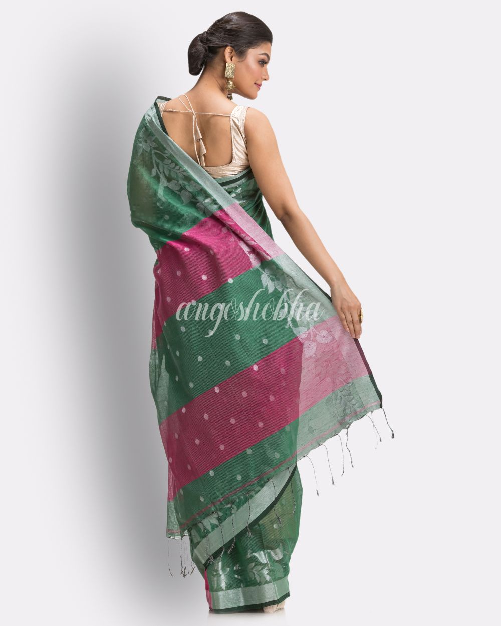 Deep Green Cotton Blend Handloom Tangail Saree back side angoshobha