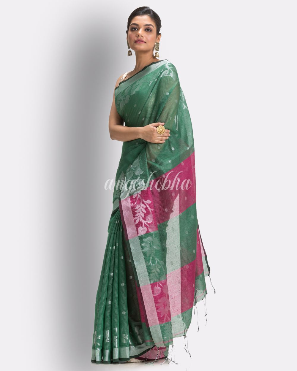 Deep Green Cotton Blend Handloom Tangail Saree angoshobha