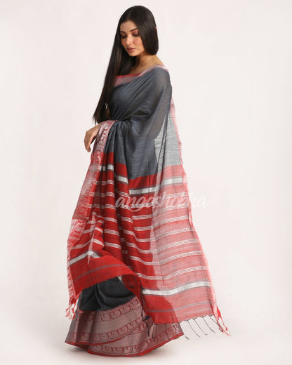 Deep Grey Handloom Cotton Tangail Saree angoshobha