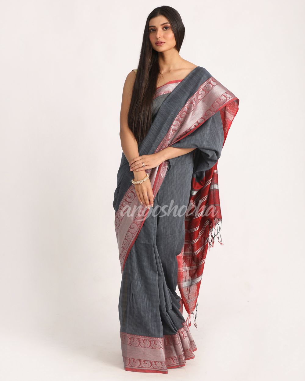 Deep Grey Handloom Cotton Tangail Saree angoshobha