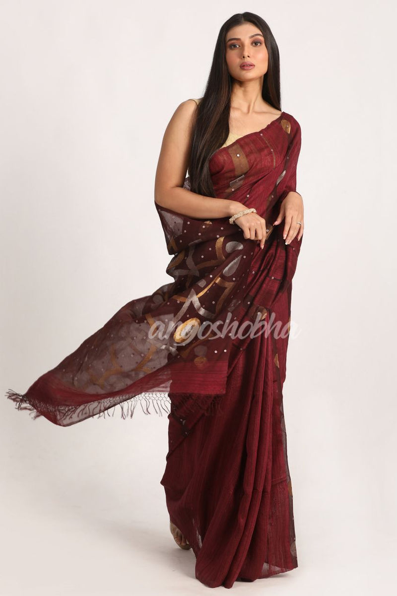 Deep Maroon Matka Silk Handloom Traditional Sequin Jamdani Saree