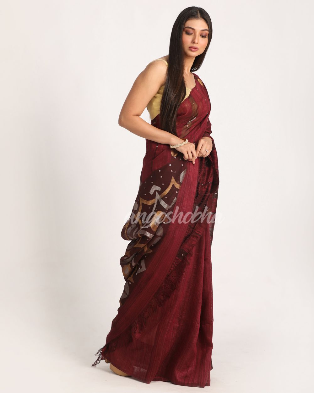 Deep Maroon Matka Silk Handloom Traditional Sequin Jamdani Saree angoshobha