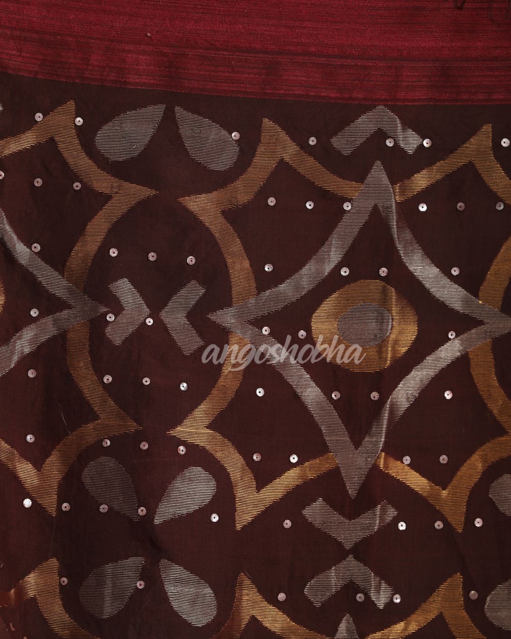 Deep Maroon Matka Silk Handloom Traditional Sequin Jamdani Saree angoshobha
