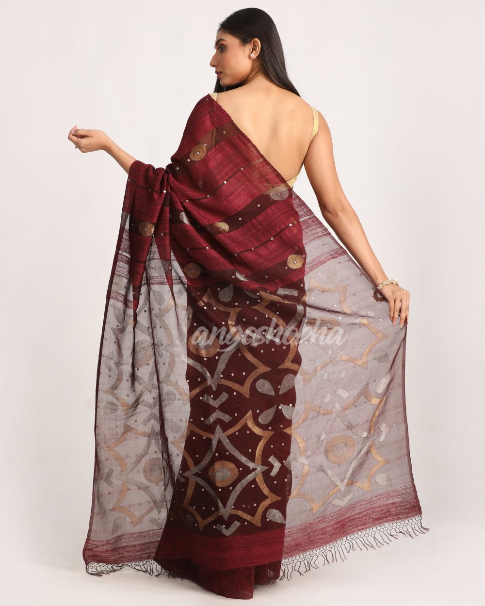 Deep Maroon Matka Silk Handloom Traditional Sequin Jamdani Saree angoshobha