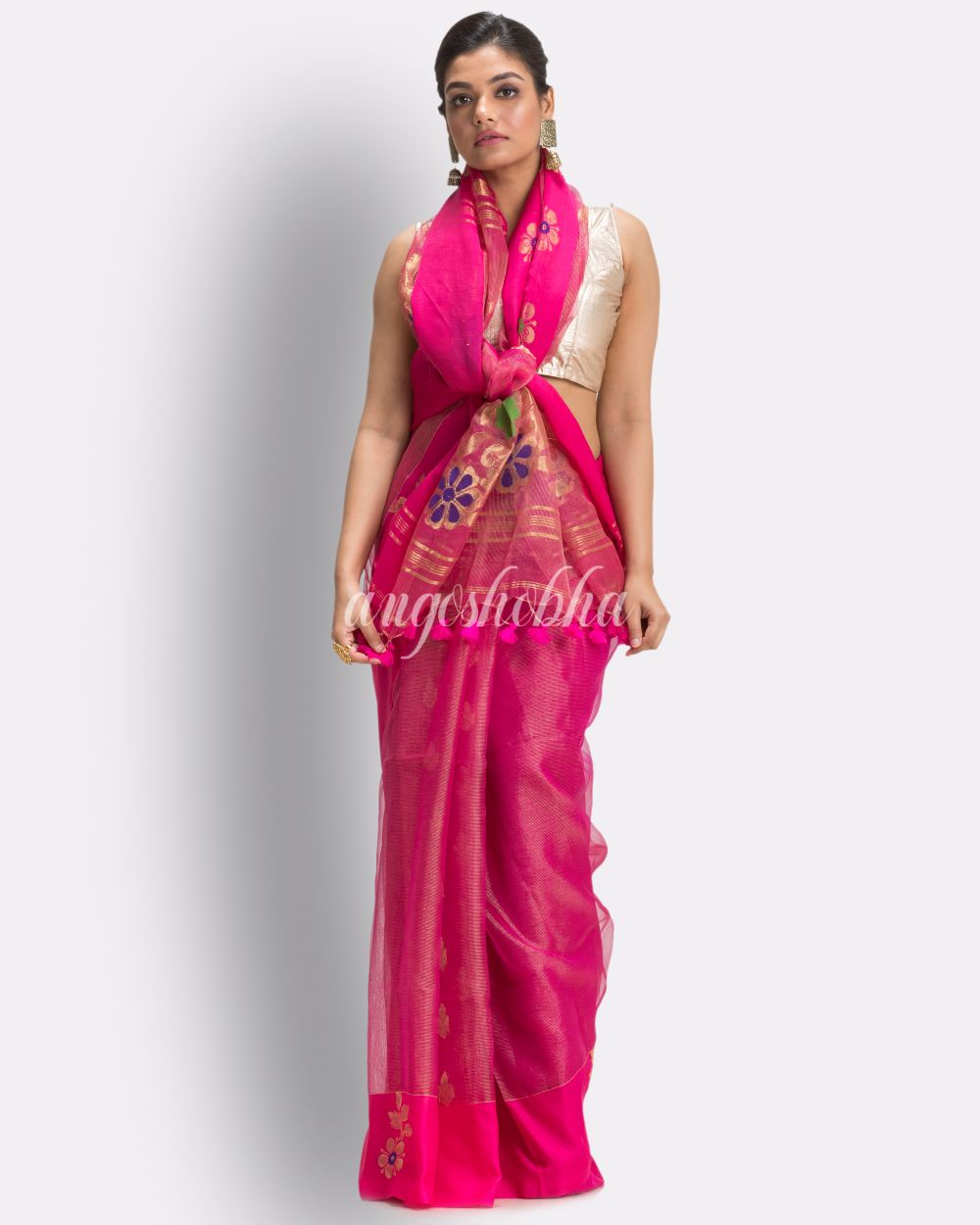 Deep Pink Art Silk Muslin Handloom Jamdani Saree angoshobha