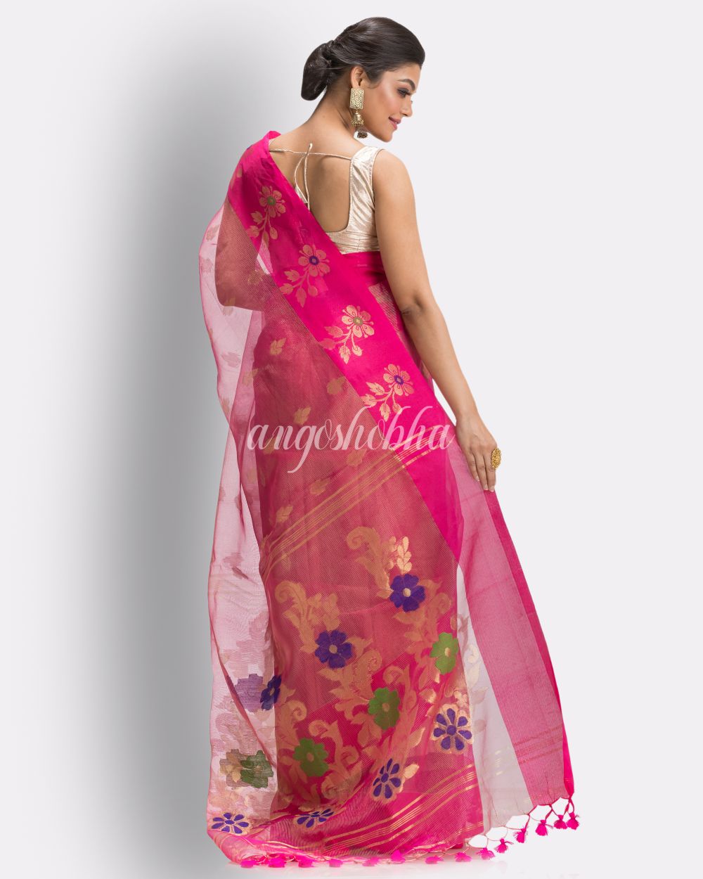 Deep Pink Art Silk Muslin Handloom Jamdani Saree angoshobha