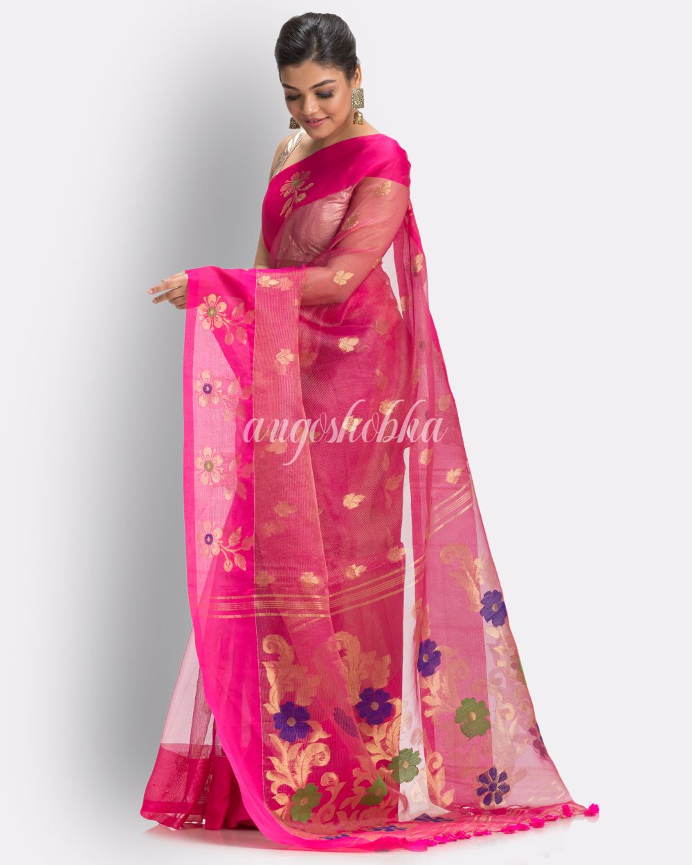 Deep Pink Art Silk Muslin Handloom Jamdani Saree angoshobha